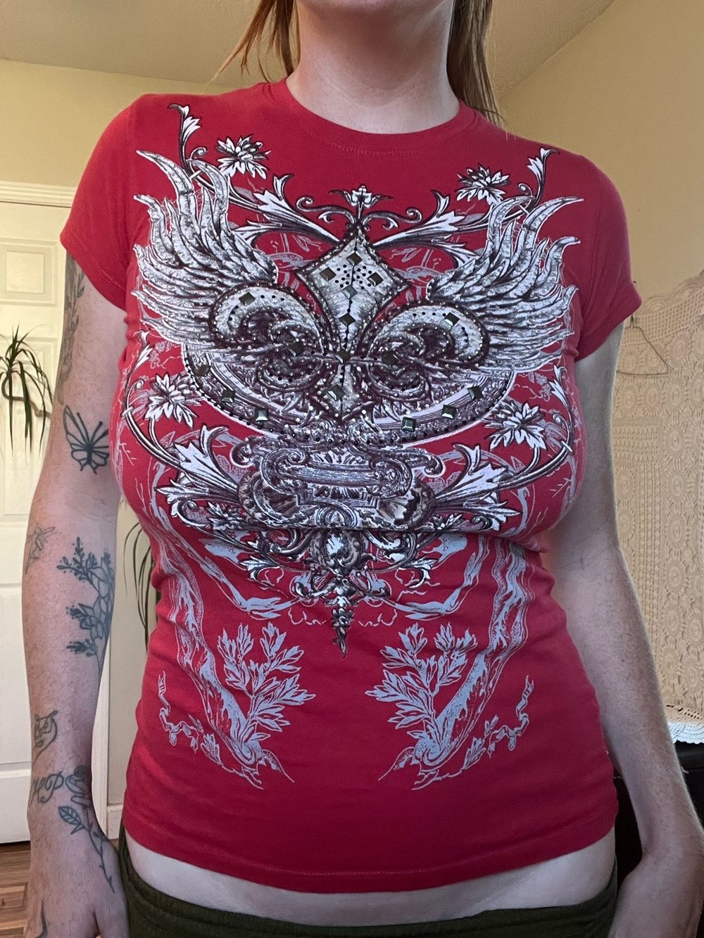 Y2K red graphic tee gothic winged crest motif rhinestones studs early 2000s